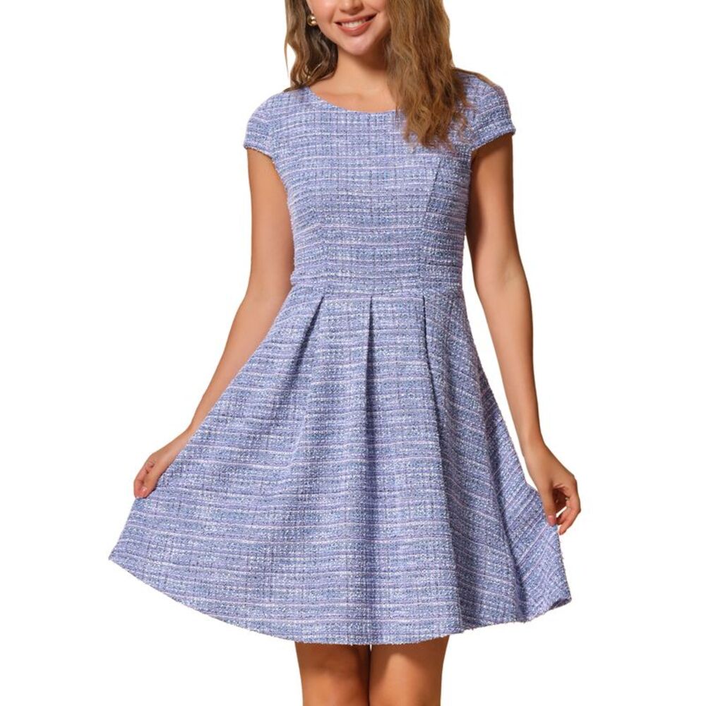 Plaid Tweed Round Neck Cap Sleeve A-Line Vintage Pleated Dress Blue Purple